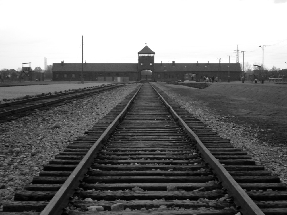 KL Auschwitz II-Birkenau: A look down the railway line towards the Gate of Death. 