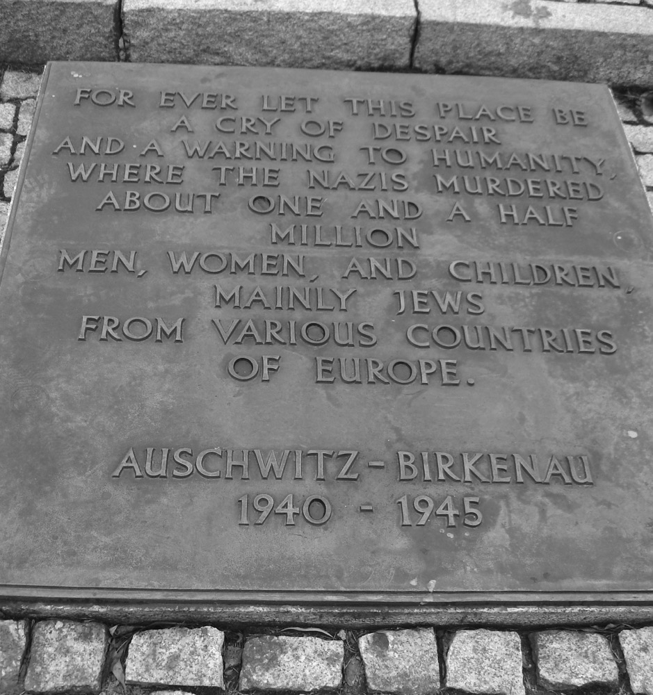KL Auschwitz II-Birkenau: Memorial to those who died at Auschwitz. It is written in the languages of all those who died, the English version being slightly separated.